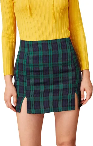 WDIRARA Women's Plaid Skirt High Waist Split Front Zip Up Mini Bodycon Skirt