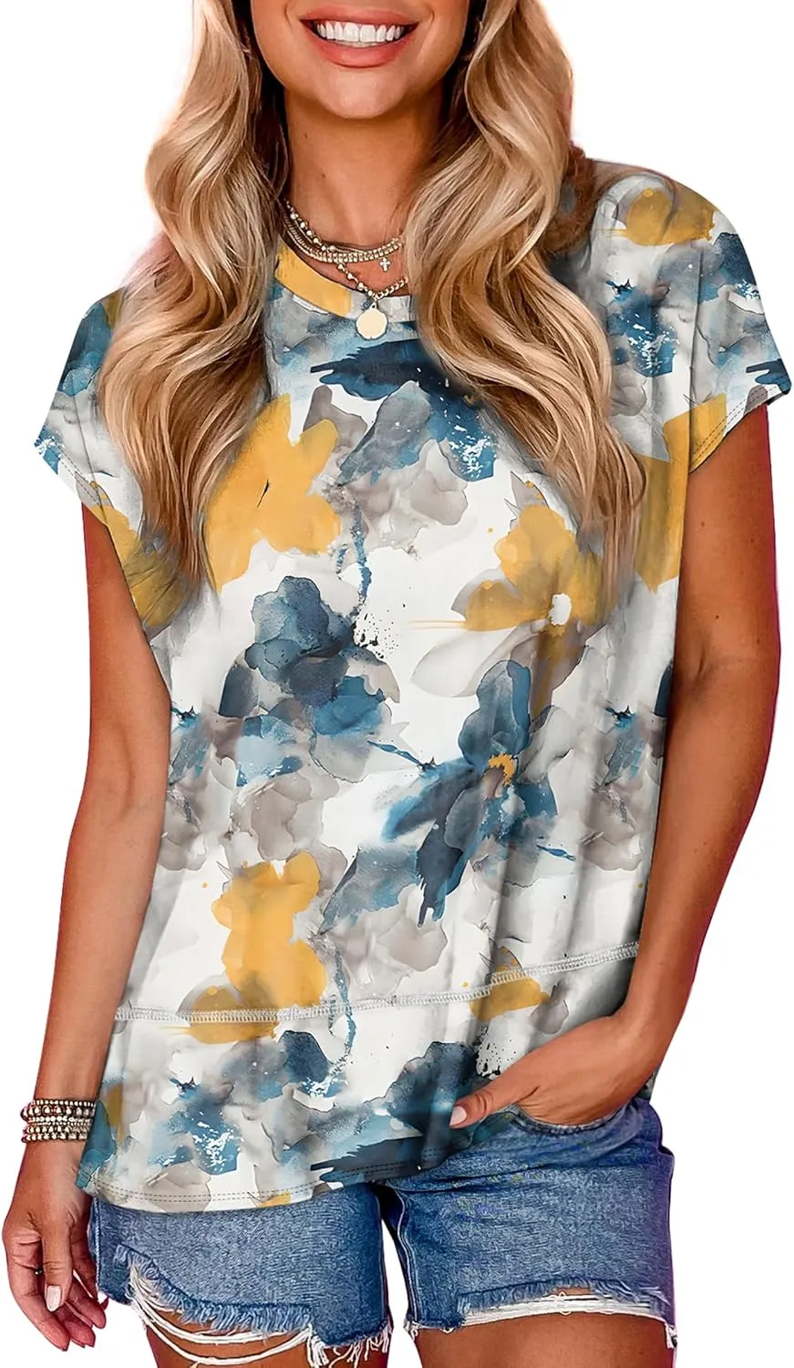 WEESO Womens Summer Tops 2025 Cap Short Sleeve T Shirts Trendy Dressy Casual Crew Neck Loose Fit Shirts