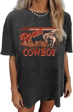 Western Shirts for Women Vintage Rodeo Shirts Wild West Cowboy T Shirt Oversized Country Music Short Sleeve Tops