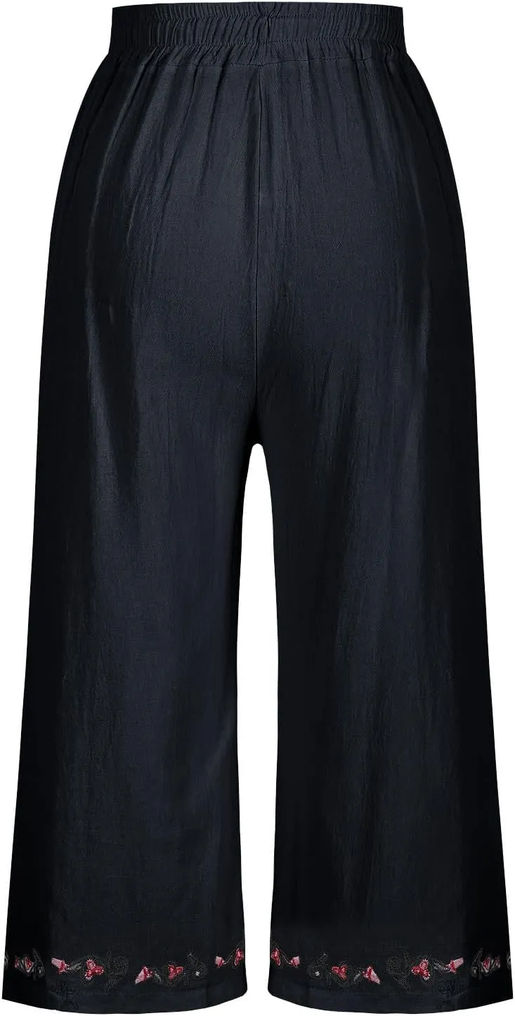 Wide Leg Linen Pants for Women 2025 Hight Waisted Vintage Printed Capri Pants Casual Loose Trousers with Pockets