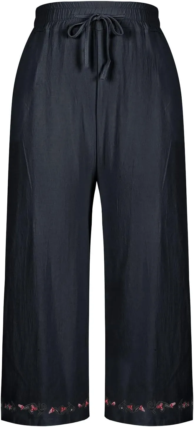 Wide Leg Linen Pants for Women 2025 Hight Waisted Vintage Printed Capri Pants Casual Loose Trousers with Pockets