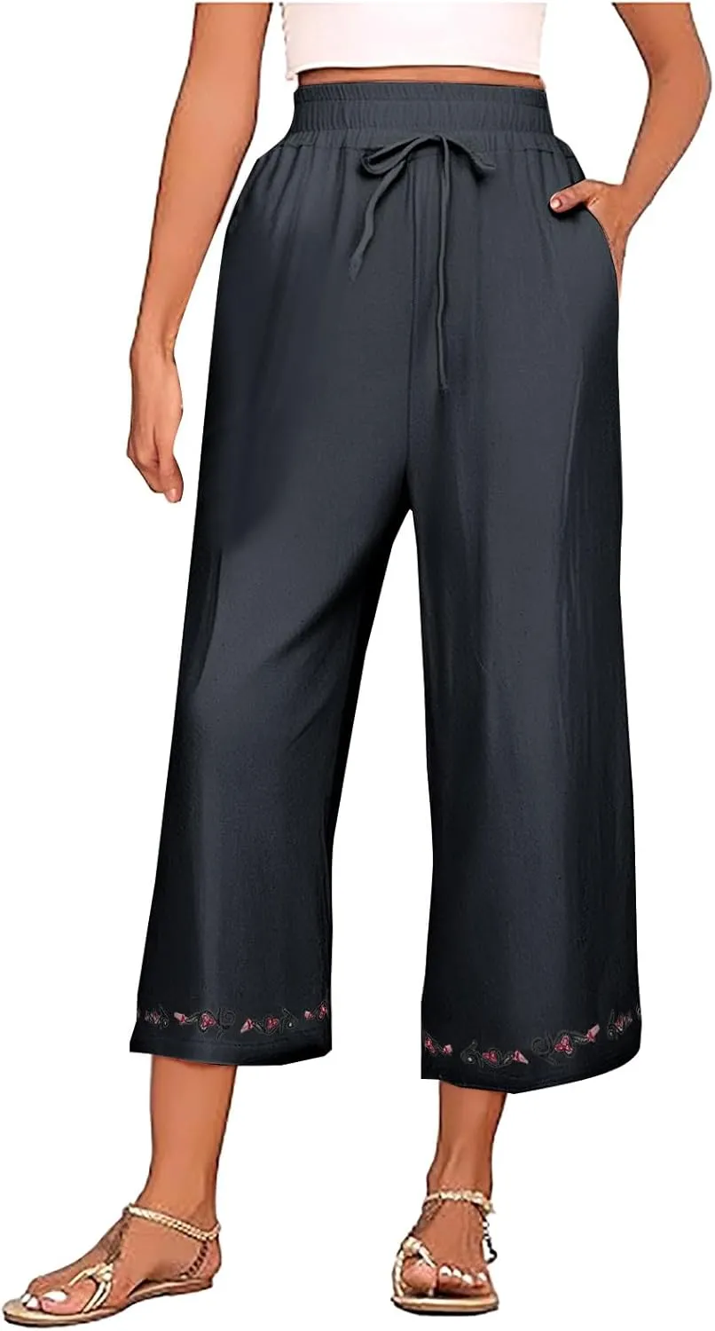 Wide Leg Linen Pants for Women 2025 Hight Waisted Vintage Printed Capri Pants Casual Loose Trousers with Pockets