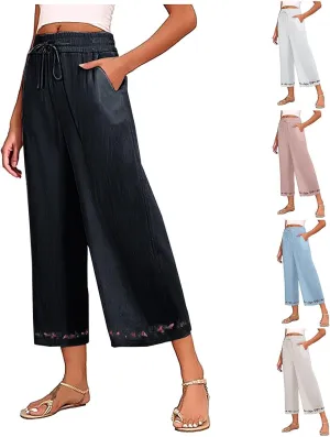 Wide Leg Linen Pants for Women 2025 Hight Waisted Vintage Printed Capri Pants Casual Loose Trousers with Pockets
