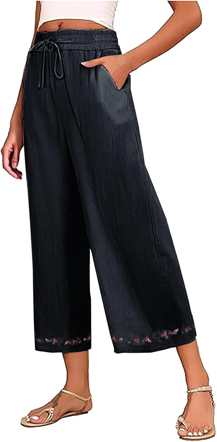 Wide Leg Linen Pants for Women 2025 Hight Waisted Vintage Printed Capri Pants Casual Loose Trousers with Pockets