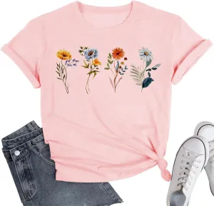 Wildflower Shirts for Women Vintage Summer Flower Graphic Tees Cute Garden Plant Lover Tops