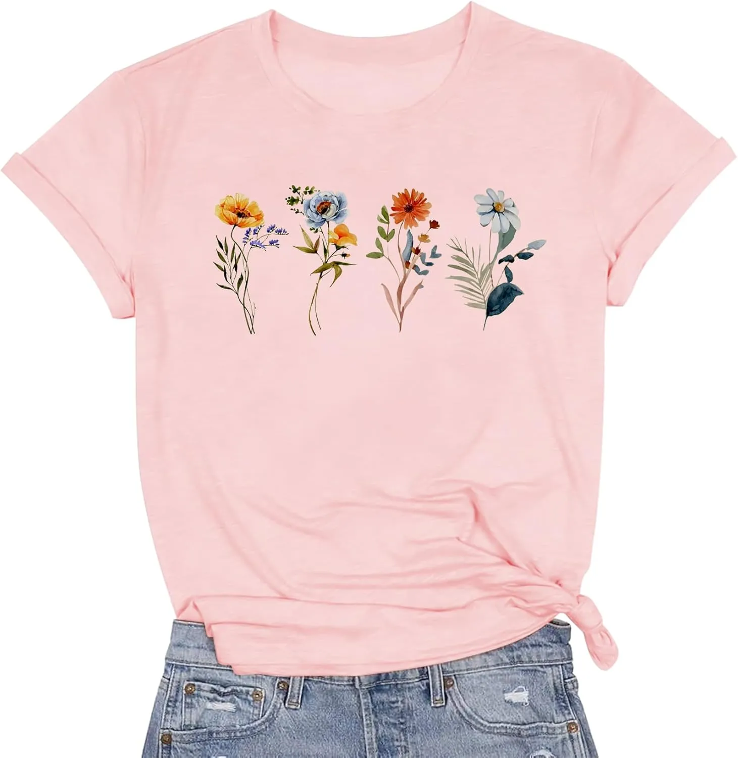 Wildflower Shirts for Women Vintage Summer Flower Graphic Tees Cute Garden Plant Lover Tops