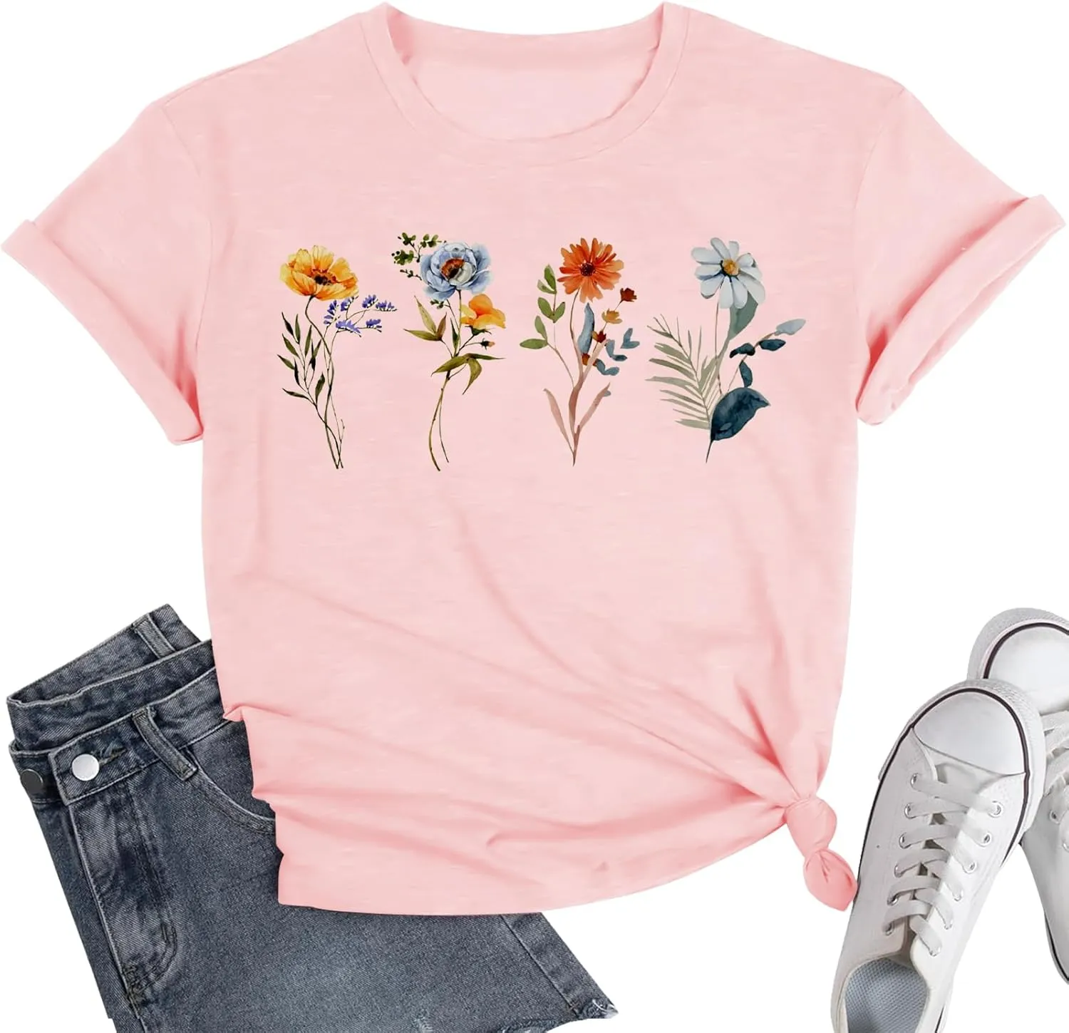 Wildflower Shirts for Women Vintage Summer Flower Graphic Tees Cute Garden Plant Lover Tops