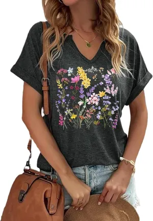 Wildflowers Shirt for Women Vintage Floral Graphic Shirts Boho Wildflowers T-Shirt Summer Nature Tee Tops