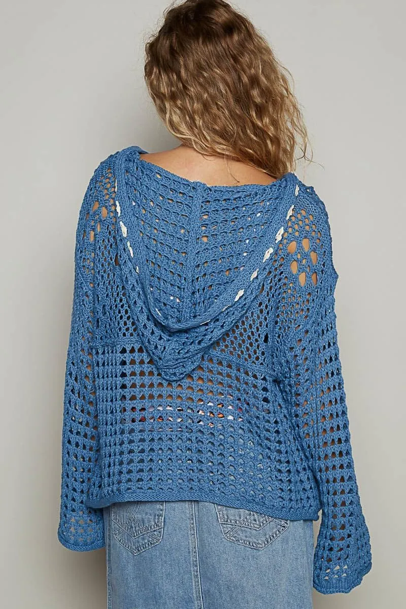 Women American Flag Crochet Sweater Long Sleeve V-Neck Hollow Out Hoodies Summer Beach Cover Up Tops