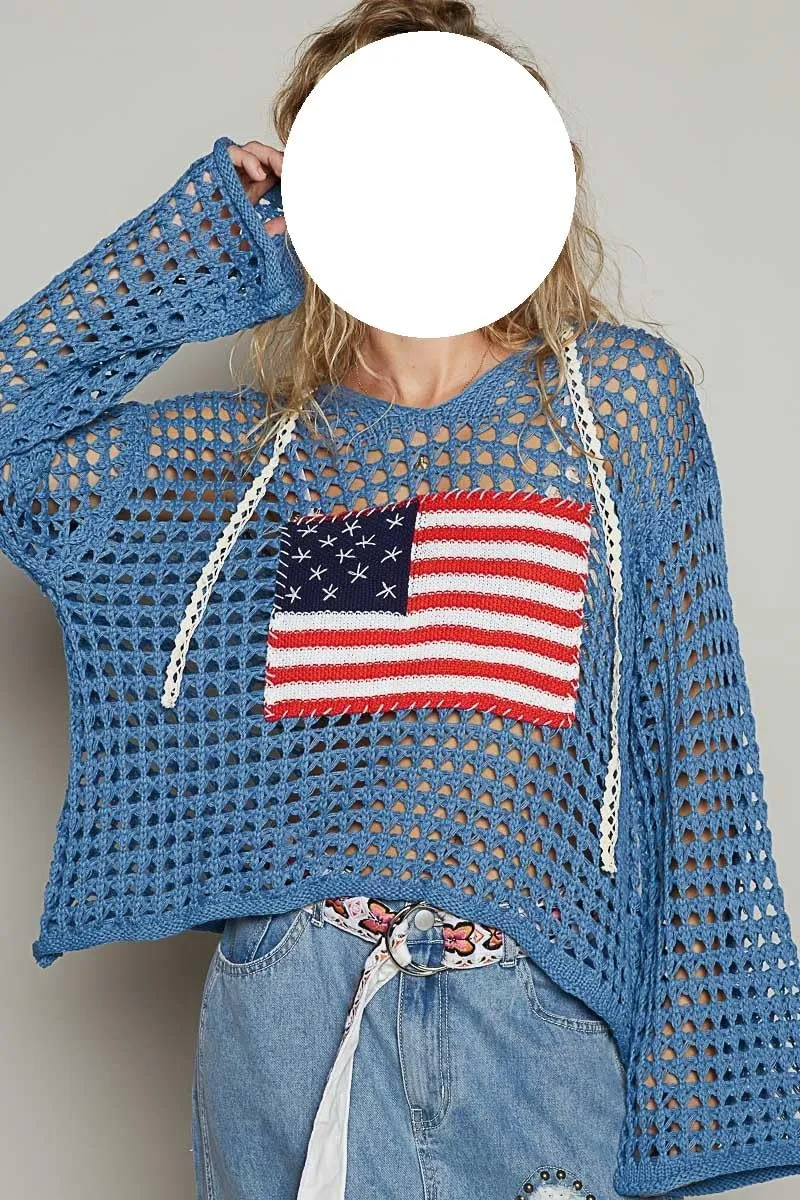 Women American Flag Crochet Sweater Long Sleeve V-Neck Hollow Out Hoodies Summer Beach Cover Up Tops