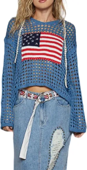 Women American Flag Crochet Sweater Long Sleeve V-Neck Hollow Out Hoodies Summer Beach Cover Up Tops