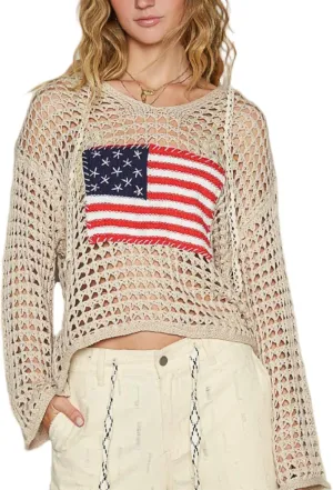 Women American Flag Crochet Sweater Long Sleeve V-Neck Hollow Out Hoodies Summer Beach Cover Up Tops
