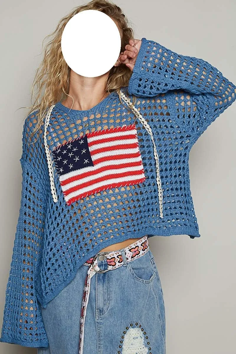 Women American Flag Crochet Sweater Long Sleeve V-Neck Hollow Out Hoodies Summer Beach Cover Up Tops
