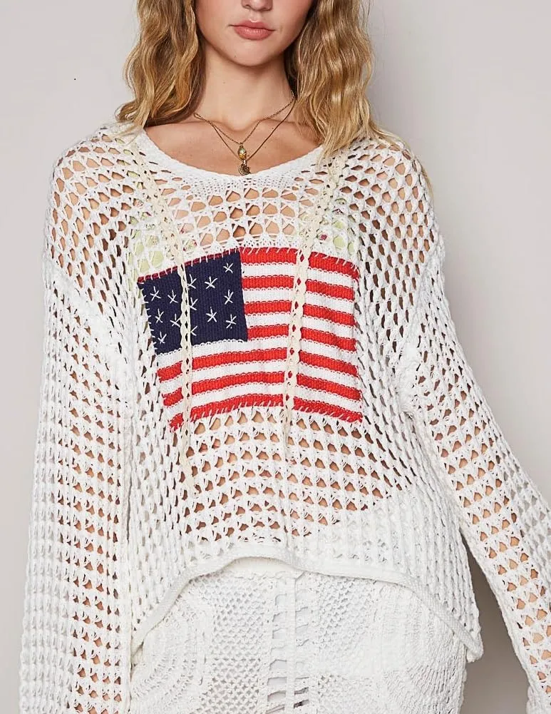 Women American Flag Crochet Sweater Long Sleeve V-Neck Hollow Out Hoodies Summer Beach Cover Up Tops