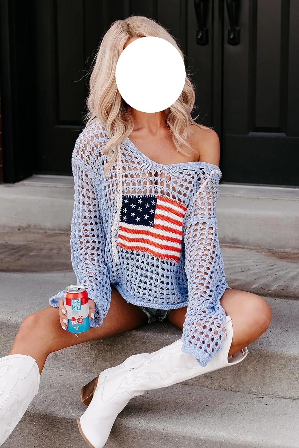 Women American Flag Crochet Sweater Long Sleeve V-Neck Hollow Out Hoodies Summer Beach Cover Up Tops