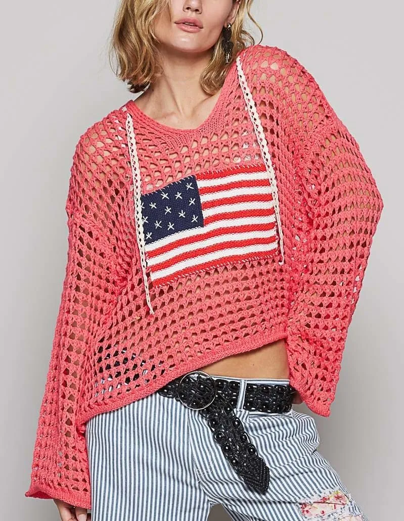 Women American Flag Crochet Sweater Long Sleeve V-Neck Hollow Out Hoodies Summer Beach Cover Up Tops