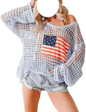 Women American Flag Crochet Sweater Long Sleeve V-Neck Hollow Out Hoodies Summer Beach Cover Up Tops