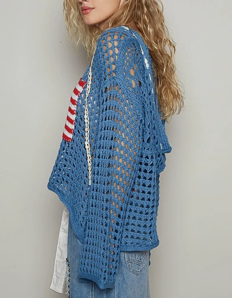 Women American Flag Crochet Sweater Long Sleeve V-Neck Hollow Out Hoodies Summer Beach Cover Up Tops
