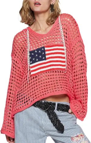 Women American Flag Crochet Sweater Long Sleeve V-Neck Hollow Out Hoodies Summer Beach Cover Up Tops