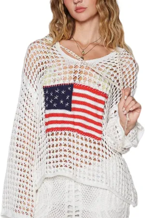 Women American Flag Crochet Sweater Long Sleeve V-Neck Hollow Out Hoodies Summer Beach Cover Up Tops