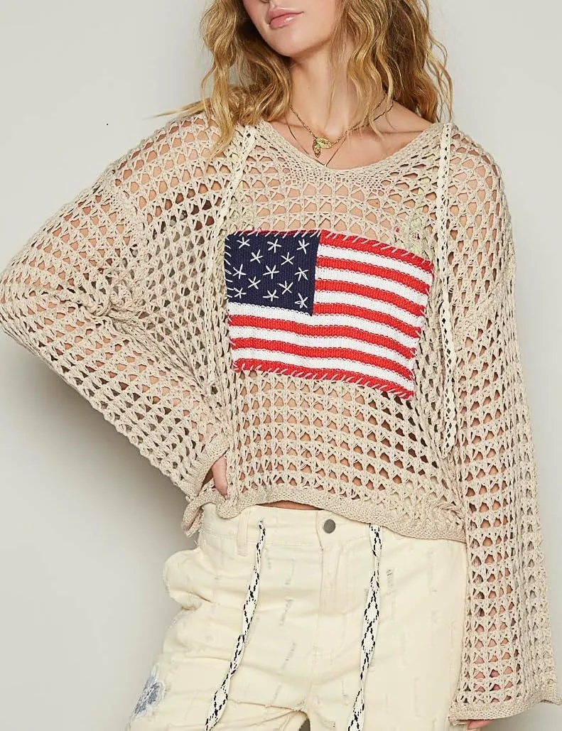 Women American Flag Crochet Sweater Long Sleeve V-Neck Hollow Out Hoodies Summer Beach Cover Up Tops
