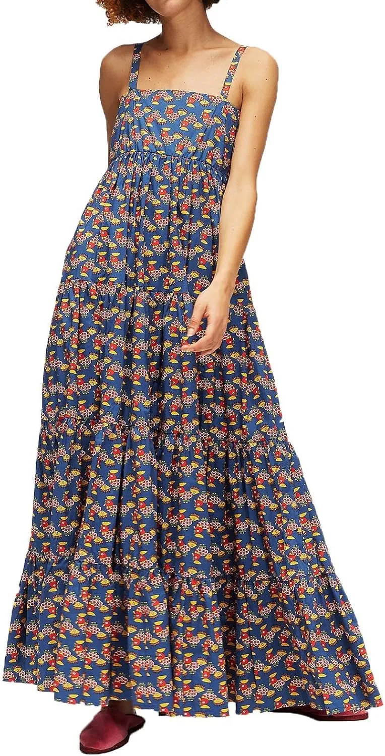Women Boho Floral Maxi Dress Y2k Sleeveless Long Graffiti Spaghetti Strap A Line Dress Vacation Beach Sundress