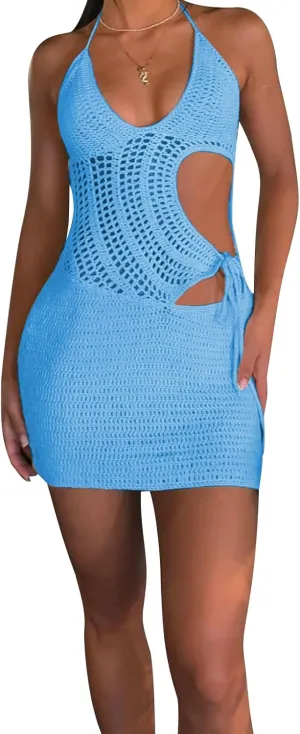 Women Crochet Halter Mini Dress Sexy Sleeveless Backless Hollow Out Knit Swimwear Cover Up Beach Sundress