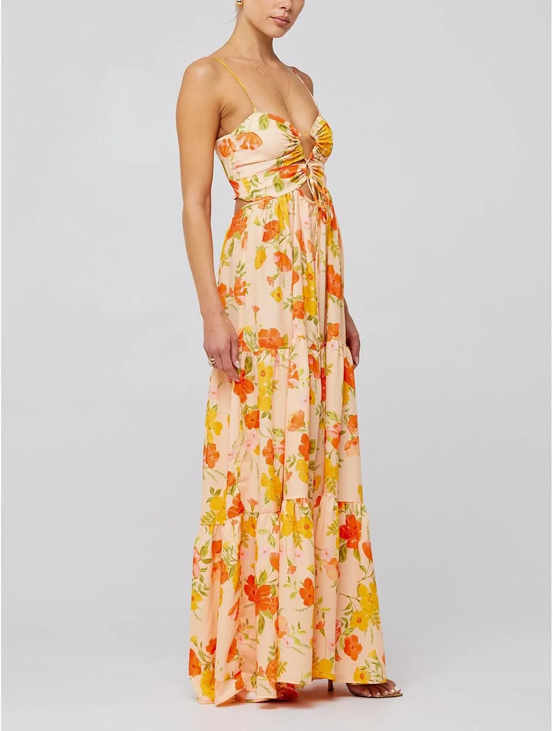 Women Floral Boho Maxi Dress Spaghetti Strap Hollow Out Cross Tie Front Sundress Flowy Smocked Beach Long Dress