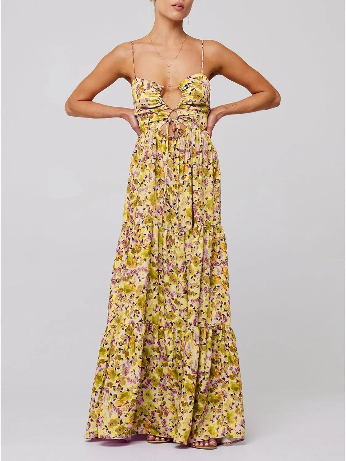 Women Floral Boho Maxi Dress Spaghetti Strap Hollow Out Cross Tie Front Sundress Flowy Smocked Beach Long Dress