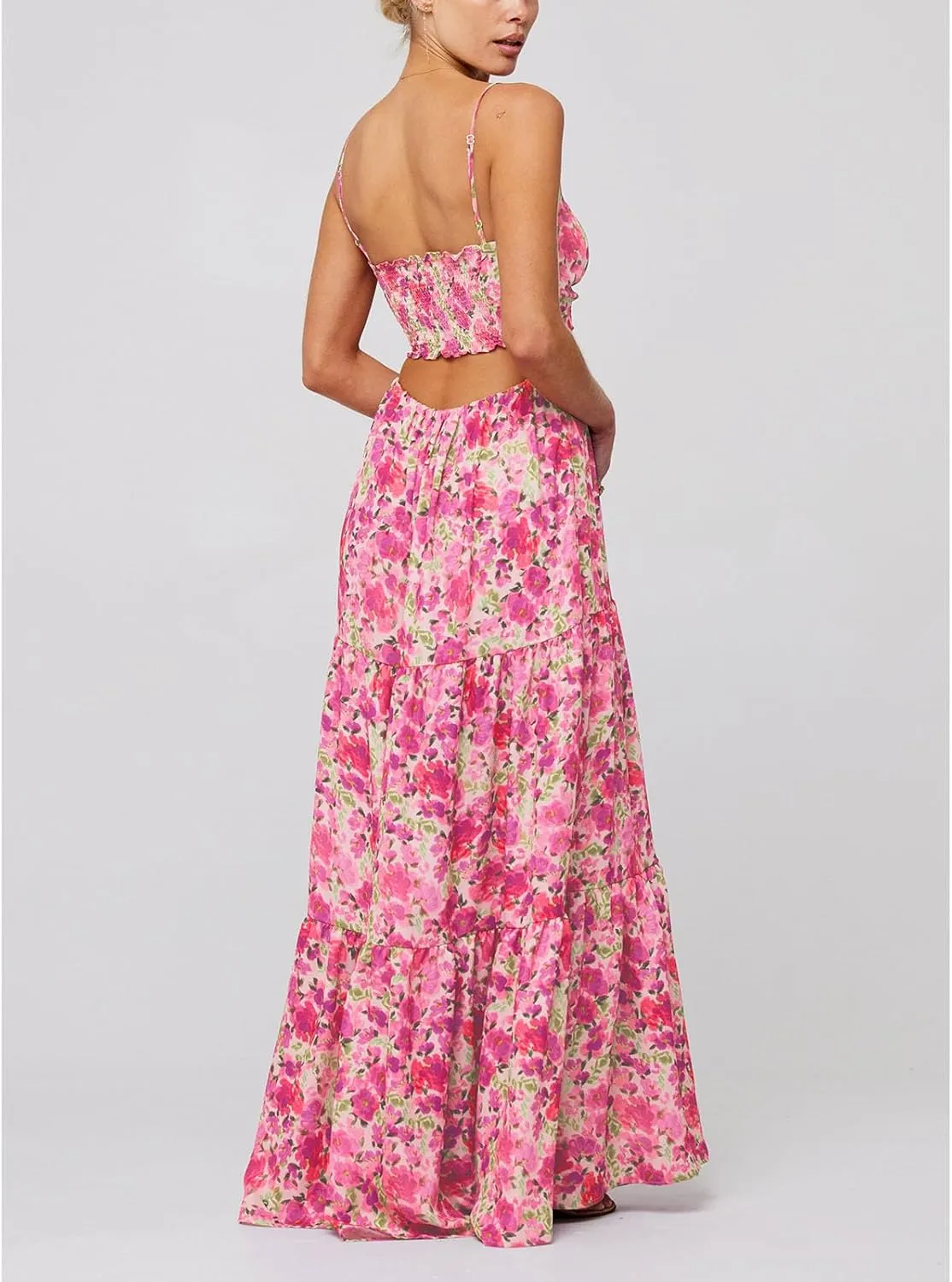Women Floral Boho Maxi Dress Spaghetti Strap Hollow Out Cross Tie Front Sundress Flowy Smocked Beach Long Dress