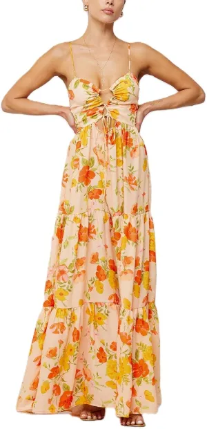Women Floral Boho Maxi Dress Spaghetti Strap Hollow Out Cross Tie Front Sundress Flowy Smocked Beach Long Dress