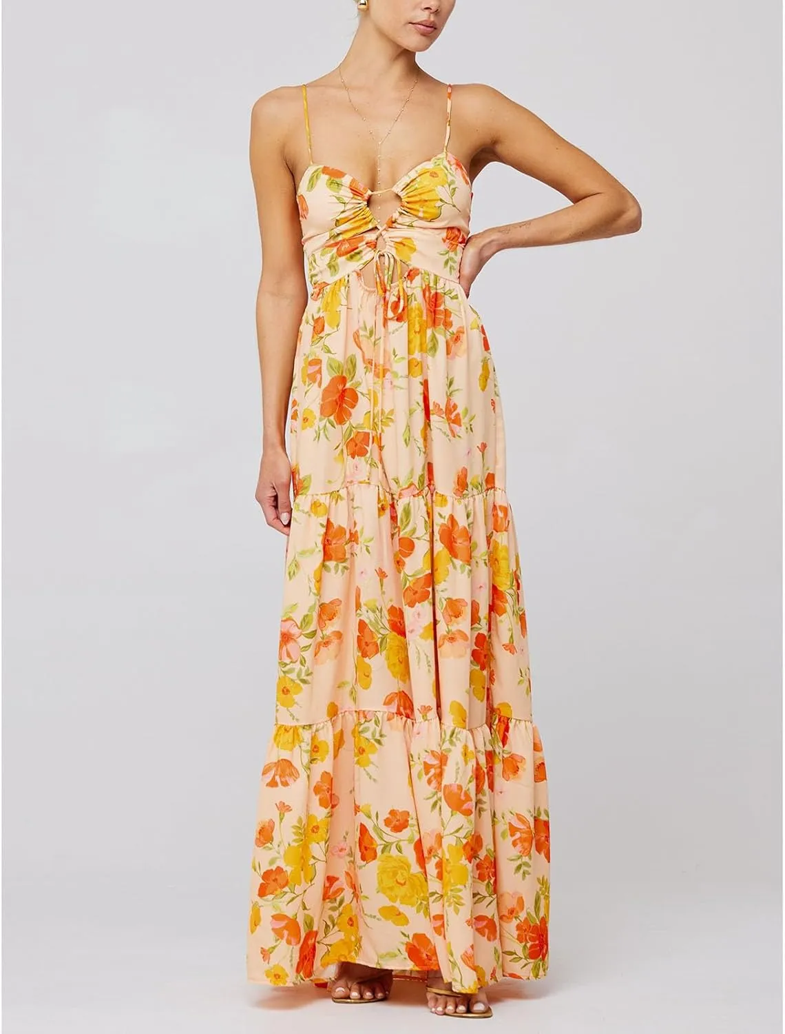 Women Floral Boho Maxi Dress Spaghetti Strap Hollow Out Cross Tie Front Sundress Flowy Smocked Beach Long Dress