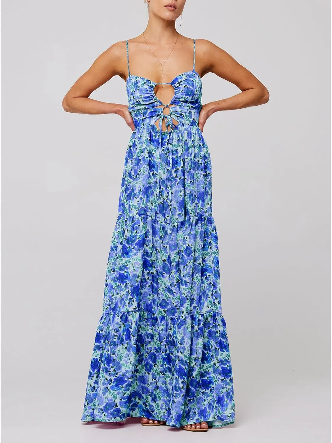 Women Floral Boho Maxi Dress Spaghetti Strap Hollow Out Cross Tie Front Sundress Flowy Smocked Beach Long Dress