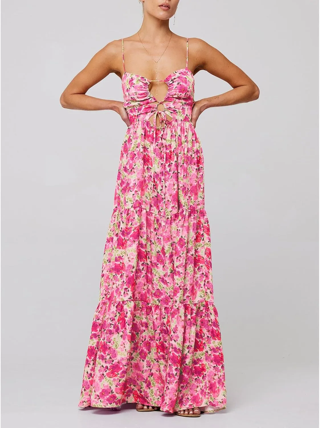 Women Floral Boho Maxi Dress Spaghetti Strap Hollow Out Cross Tie Front Sundress Flowy Smocked Beach Long Dress