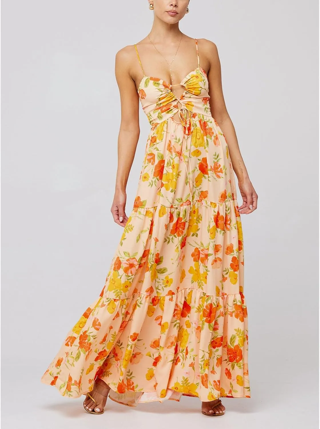 Women Floral Boho Maxi Dress Spaghetti Strap Hollow Out Cross Tie Front Sundress Flowy Smocked Beach Long Dress