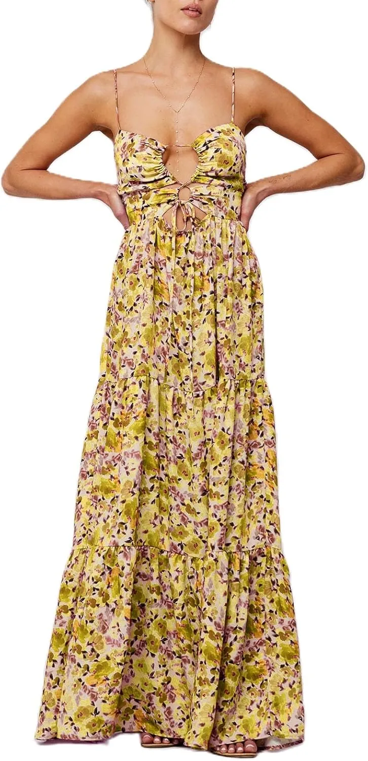Women Floral Boho Maxi Dress Spaghetti Strap Hollow Out Cross Tie Front Sundress Flowy Smocked Beach Long Dress