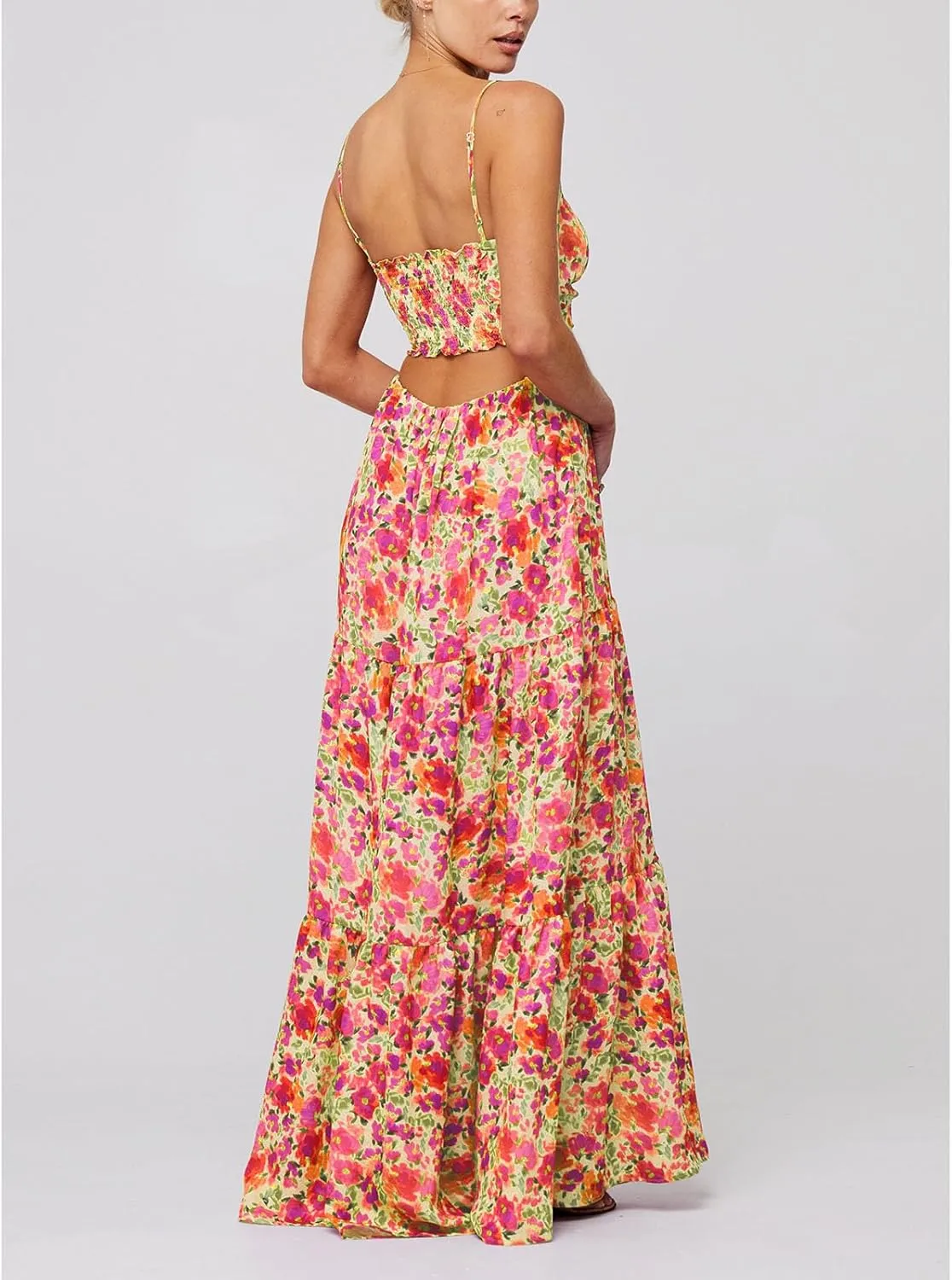 Women Floral Boho Maxi Dress Spaghetti Strap Hollow Out Cross Tie Front Sundress Flowy Smocked Beach Long Dress