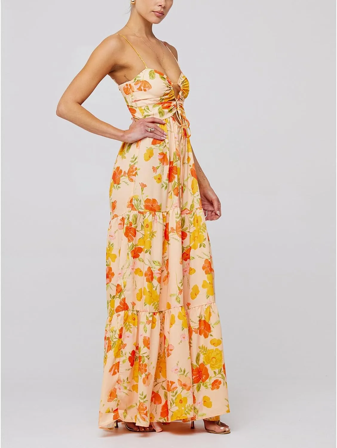 Women Floral Boho Maxi Dress Spaghetti Strap Hollow Out Cross Tie Front Sundress Flowy Smocked Beach Long Dress