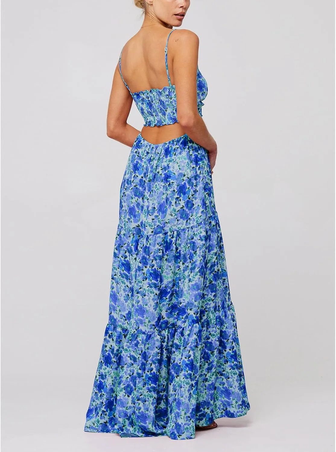 Women Floral Boho Maxi Dress Spaghetti Strap Hollow Out Cross Tie Front Sundress Flowy Smocked Beach Long Dress