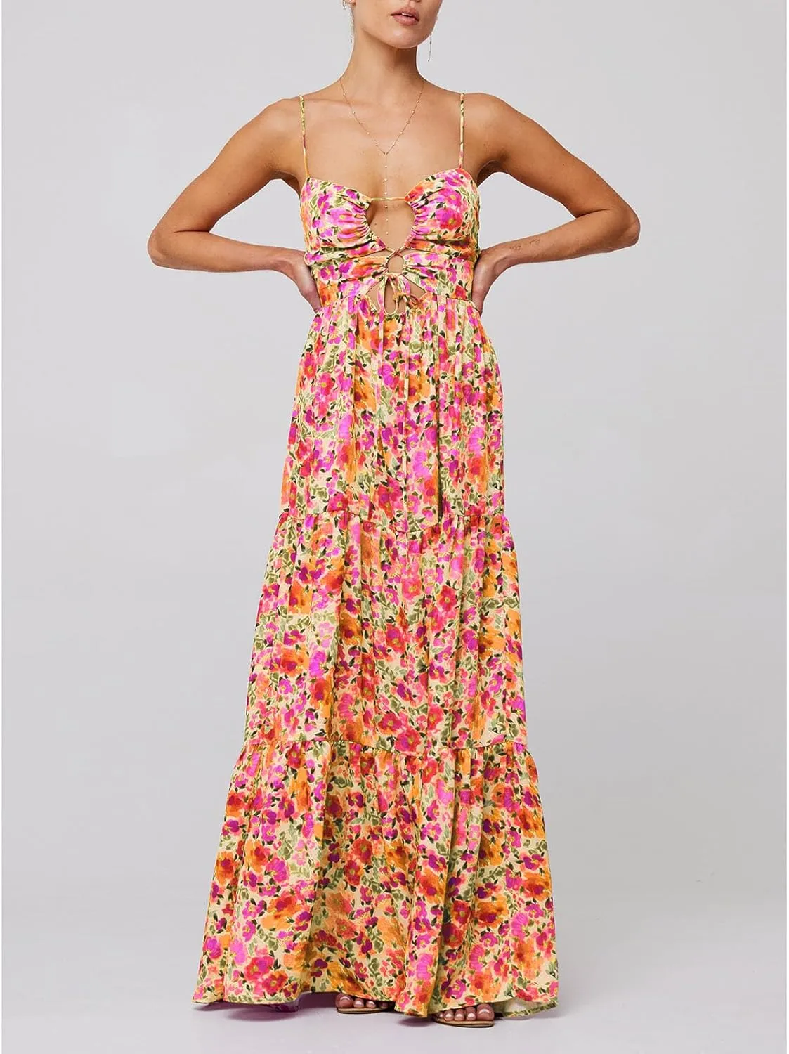 Women Floral Boho Maxi Dress Spaghetti Strap Hollow Out Cross Tie Front Sundress Flowy Smocked Beach Long Dress