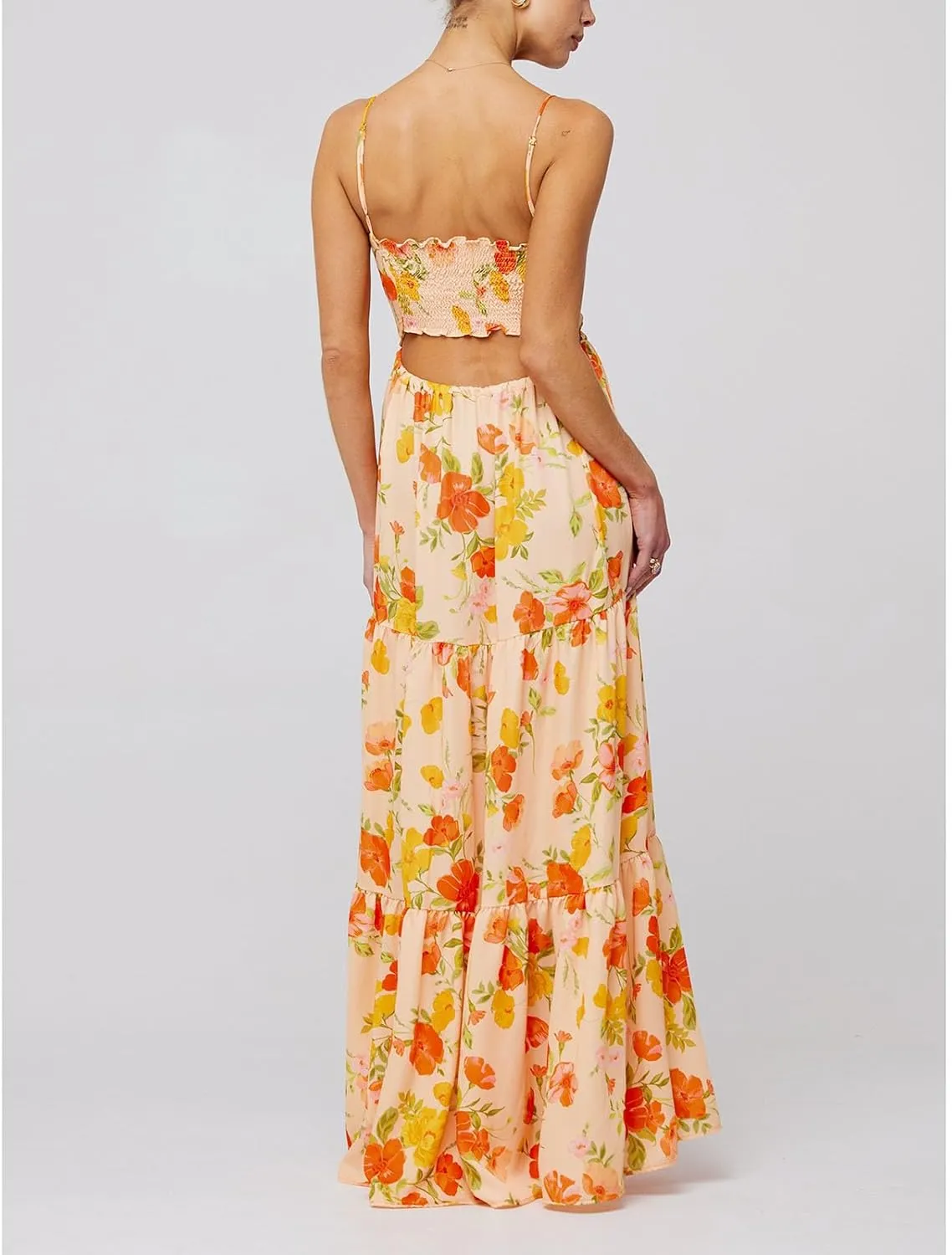 Women Floral Boho Maxi Dress Spaghetti Strap Hollow Out Cross Tie Front Sundress Flowy Smocked Beach Long Dress
