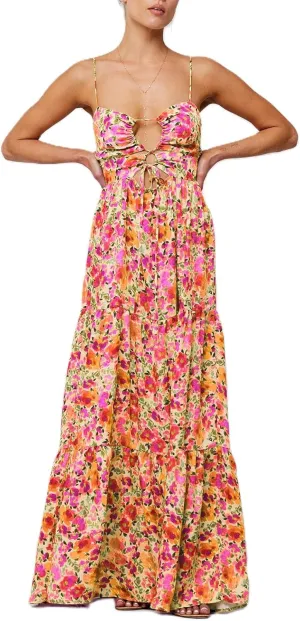 Women Floral Boho Maxi Dress Spaghetti Strap Hollow Out Cross Tie Front Sundress Flowy Smocked Beach Long Dress