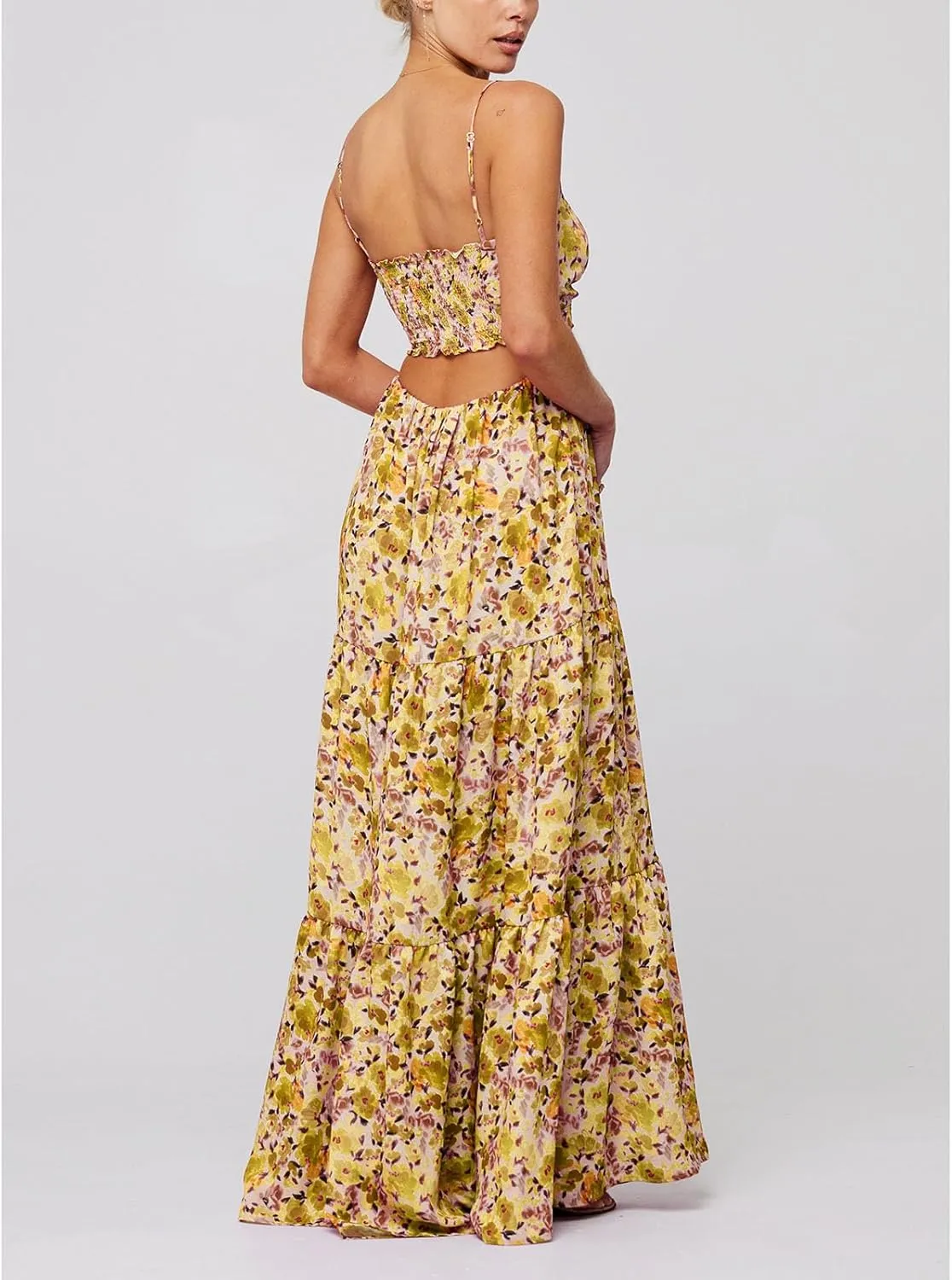 Women Floral Boho Maxi Dress Spaghetti Strap Hollow Out Cross Tie Front Sundress Flowy Smocked Beach Long Dress