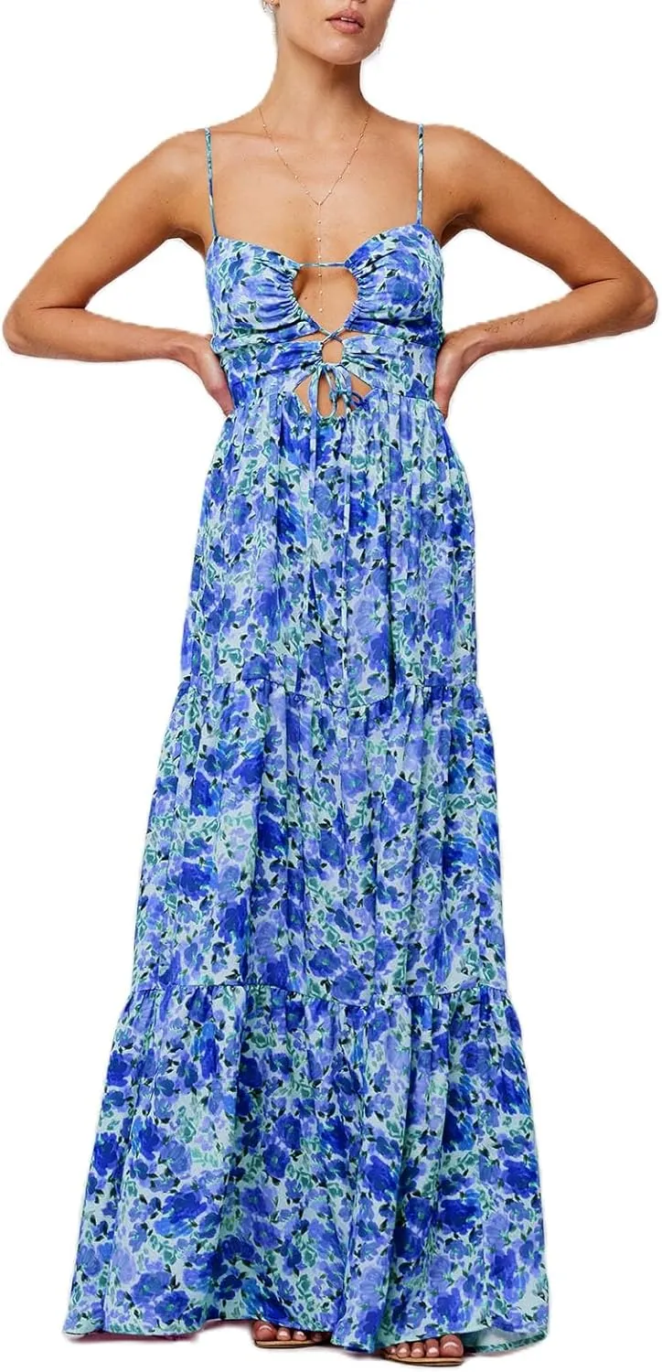 Women Floral Boho Maxi Dress Spaghetti Strap Hollow Out Cross Tie Front Sundress Flowy Smocked Beach Long Dress