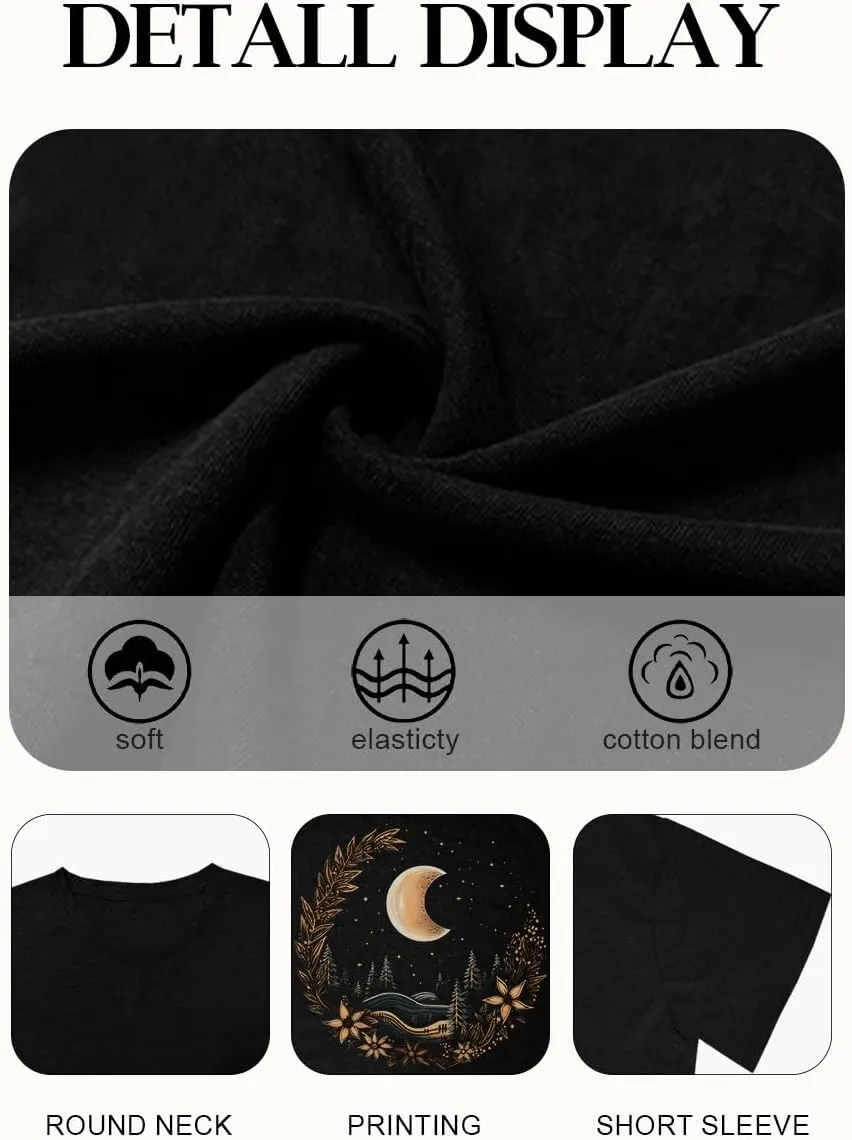 Women Graphic Tees Shirt Mystical Moon and Sunflower Shirt Short Sleeve Casual Celestial T Shirts