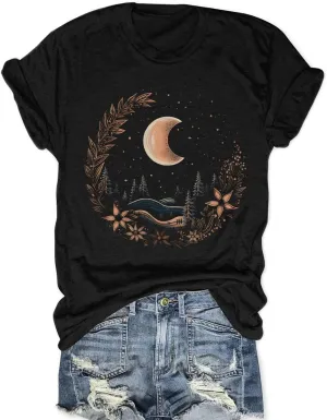 Women Graphic Tees Shirt Mystical Moon and Sunflower Shirt Short Sleeve Casual Celestial T Shirts