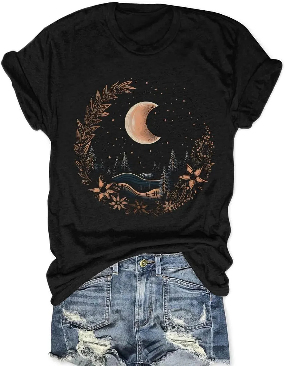 Women Graphic Tees Shirt Mystical Moon and Sunflower Shirt Short Sleeve Casual Celestial T Shirts