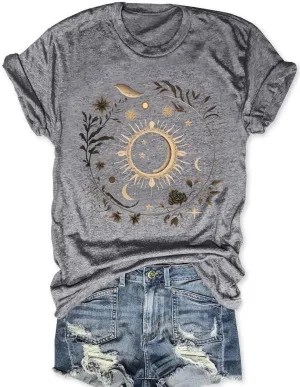 Women Graphic Tees Shirt Mystical Moon and Sunflower Shirt Short Sleeve Casual Celestial T Shirts