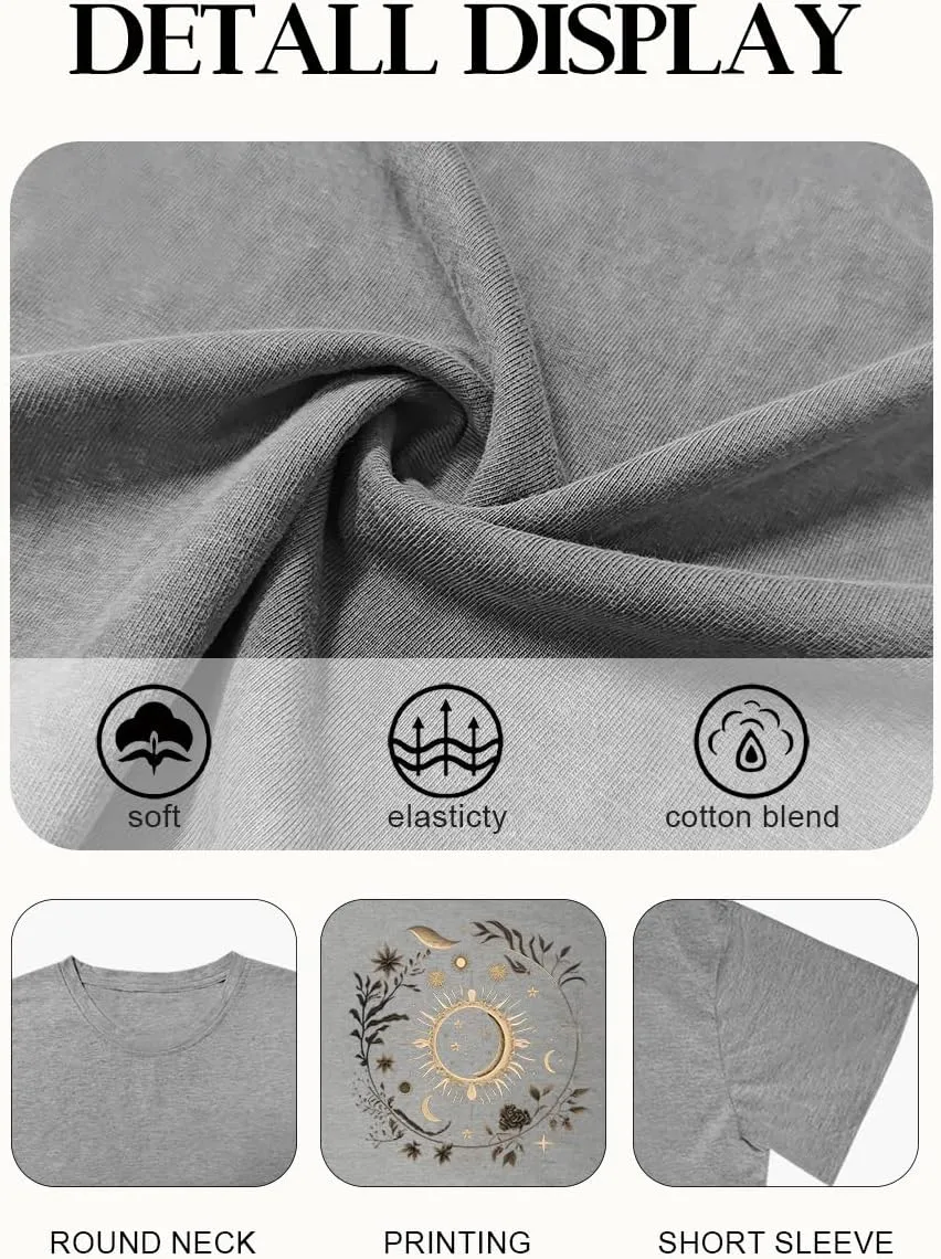 Women Graphic Tees Shirt Mystical Moon and Sunflower Shirt Short Sleeve Casual Celestial T Shirts