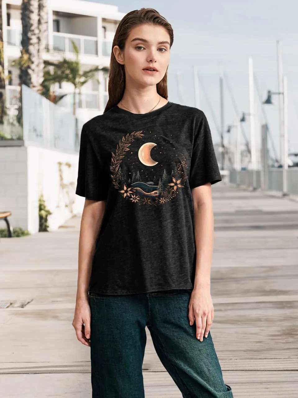 Women Graphic Tees Shirt Mystical Moon and Sunflower Shirt Short Sleeve Casual Celestial T Shirts